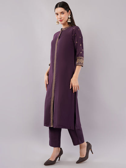 dhartii Festive Purple Glam Suit Set with Embroidered Front Slit, Foil Printed Net Dupatta with pants (3 Piece Set)