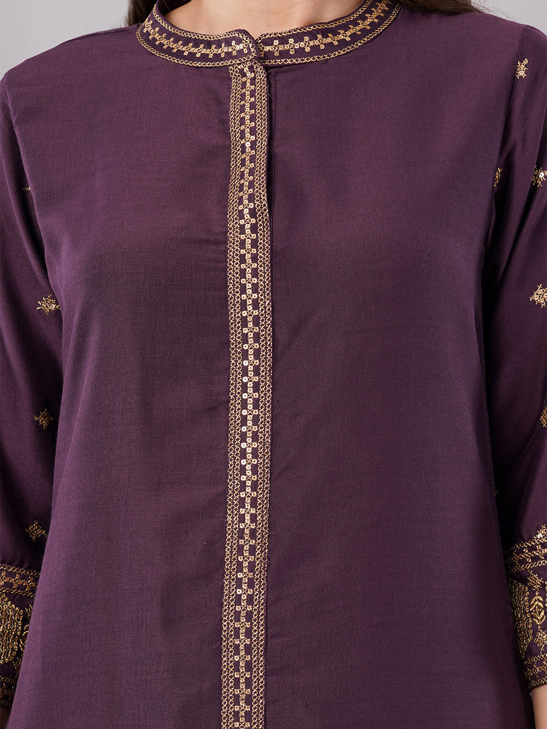 dhartii Festive Purple Glam Suit Set with Embroidered Front Slit, Foil Printed Net Dupatta with pants (3 Piece Set)