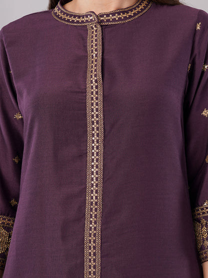 dhartii Festive Purple Glam Suit Set with Embroidered Front Slit, Foil Printed Net Dupatta with pants (3 Piece Set)