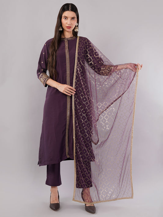 dhartii Festive Purple Glam Suit Set with Embroidered Front Slit, Foil Printed Net Dupatta with pants (3 Piece Set)