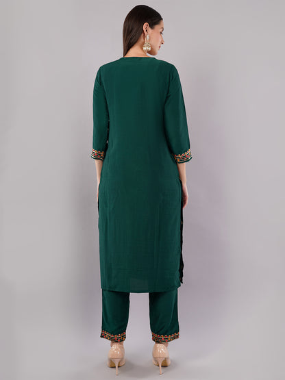 dhartii Trendy Festive Dark Green Embroidered Suit Set with Floral Dupatta and Pants (3 Piece Set)
