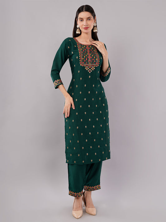 dhartii Trendy Festive Dark Green Embroidered Suit Set with Floral Dupatta and Pants (3 Piece Set)
