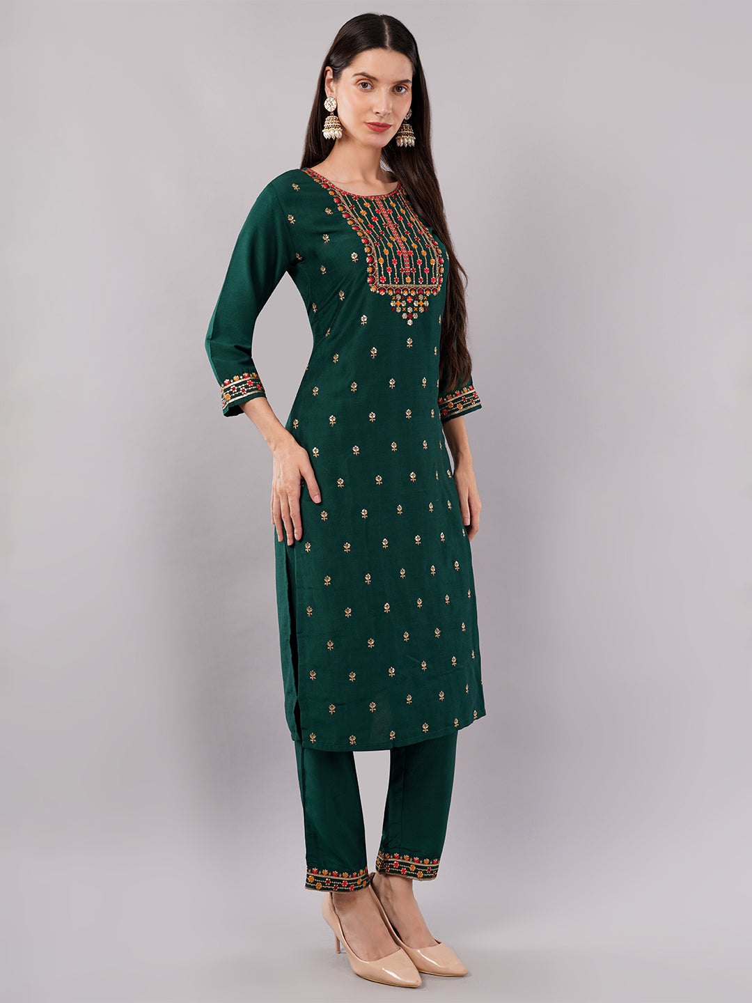 dhartii Trendy Festive Dark Green Embroidered Suit Set with Floral Dupatta and Pants (3 Piece Set)