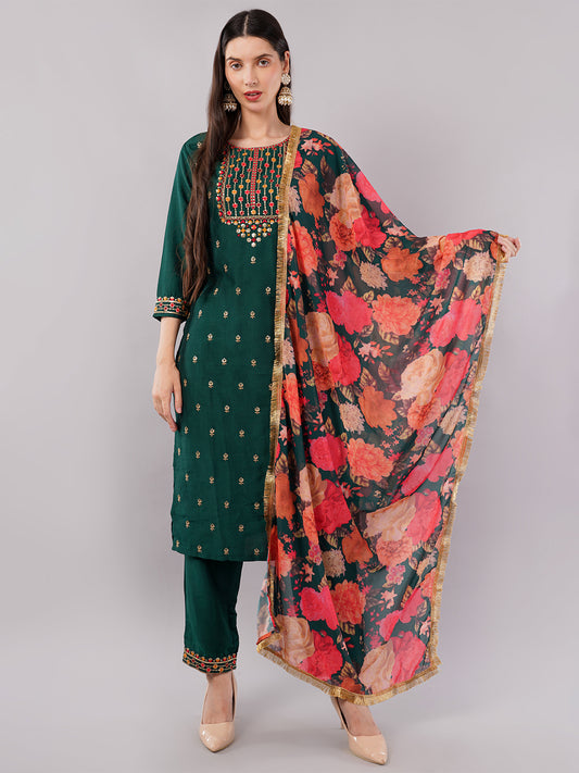 dhartii Trendy Festive Dark Green Embroidered Suit Set with Floral Dupatta and Pants (3 Piece Set)