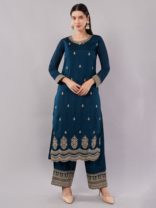 dhartii Festive Striking Teal Blue Heavy Embroidered Suit Set with Palazzo and Dupatta (3 Piece Set)