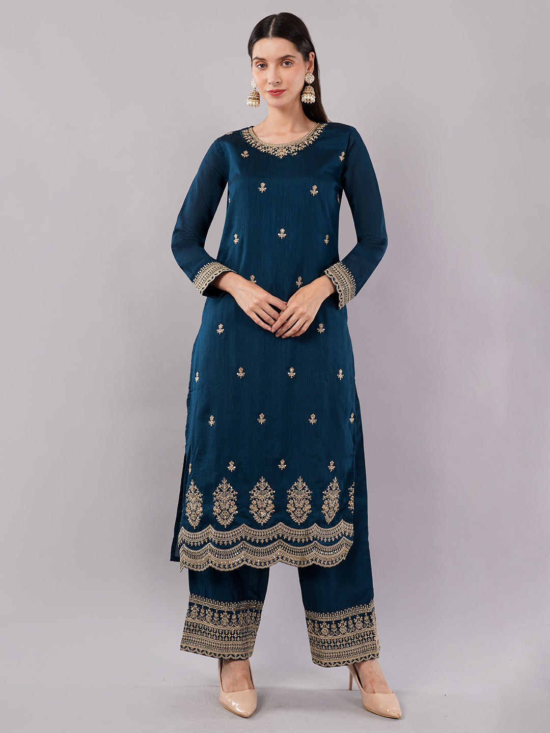 dhartii Festive Striking Teal Blue Heavy Embroidered Suit Set with Palazzo and Dupatta (3 Piece Set)