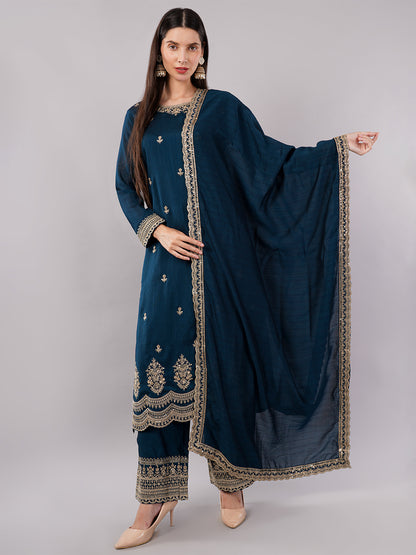 dhartii Festive Striking Teal Blue Heavy Embroidered Suit Set with Palazzo and Dupatta (3 Piece Set)