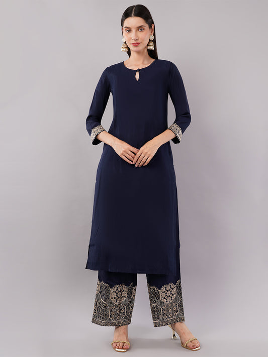 dhartii Trendy Festive Navy Blue Solid Suit Set with Embroidered Palazzo and Dupatta (3 Piece Set)
