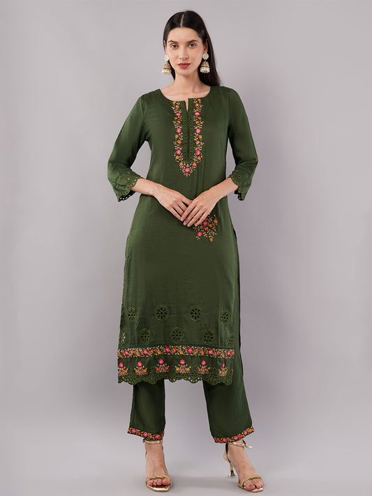 dhartii Trendy Olive Green Schiffli Embroidery Suit Set with Organza Dupatta and Pants (3 Piece Set)