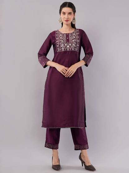 dhartii Elevated Fashionable Purple Embroidered Suit Set with Printed Oraganza Dupatta and Pants (3 Piece Set)