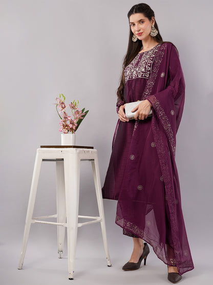 dhartii Elevated Fashionable Purple Embroidered Suit Set with Printed Oraganza Dupatta and Pants (3 Piece Set)