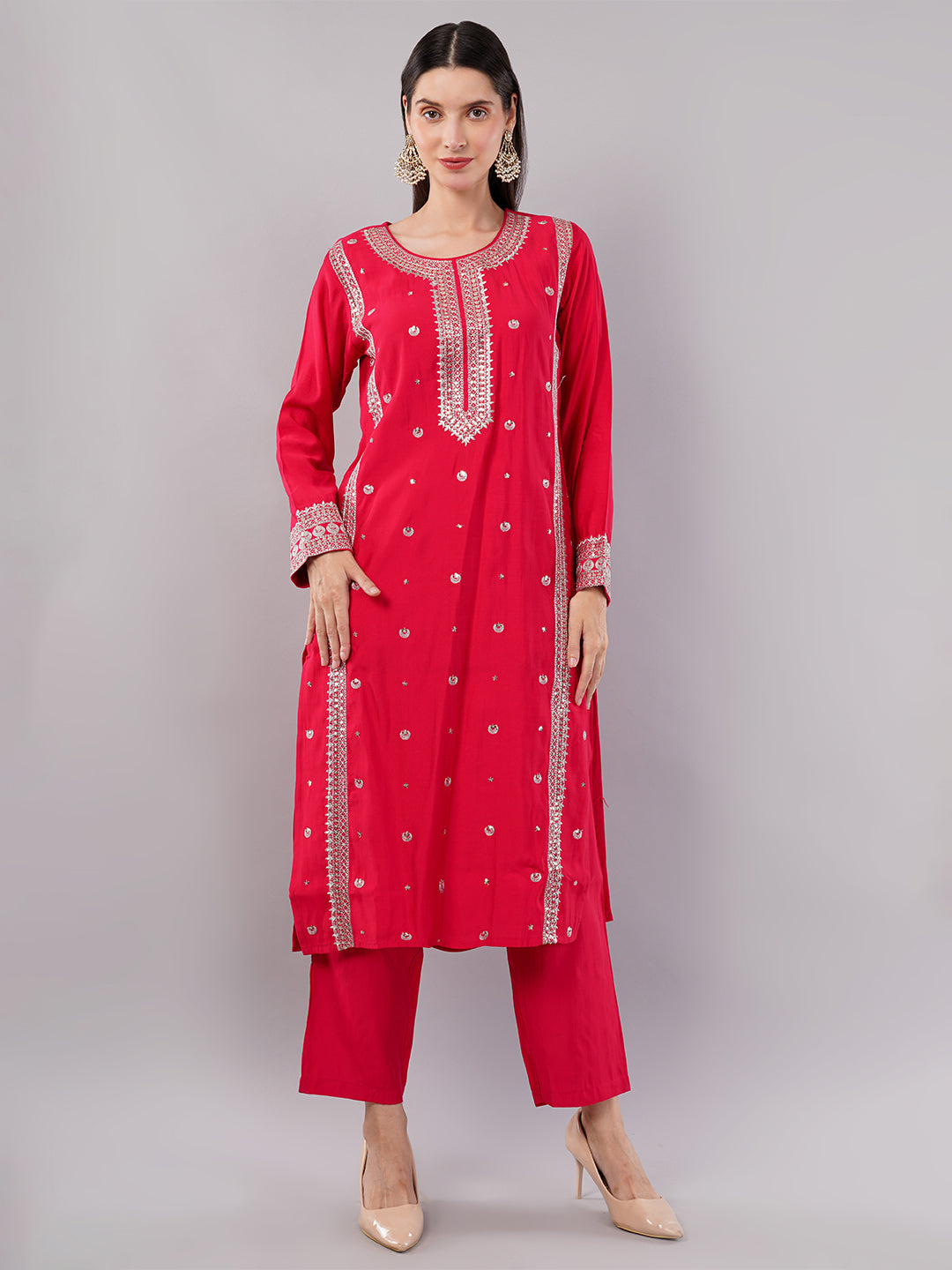dhartii Elite Festive Red  Embroidered Suit Set with Organza Dupatta and Pants (3 Piece Set)