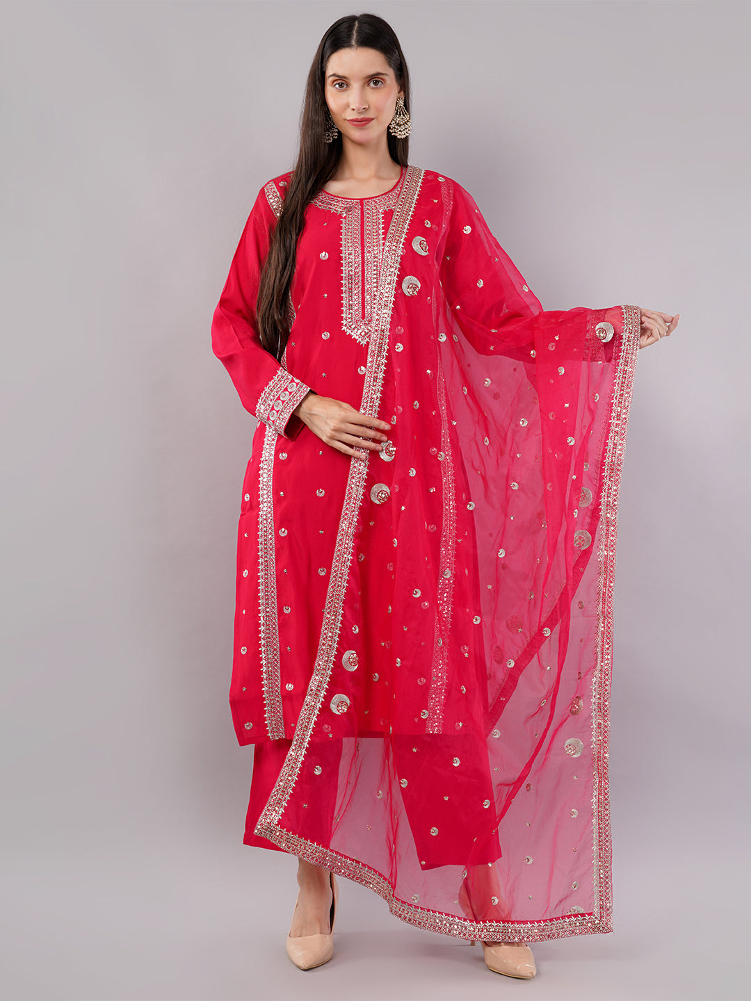 dhartii Elite Festive Red  Embroidered Suit Set with Organza Dupatta and Pants (3 Piece Set)