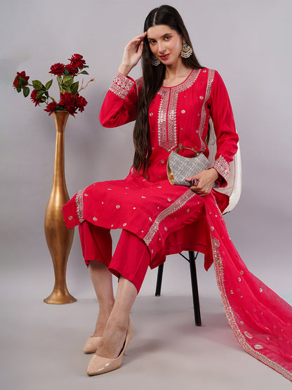 dhartii Elite Festive Red  Embroidered Suit Set with Organza Dupatta and Pants (3 Piece Set)