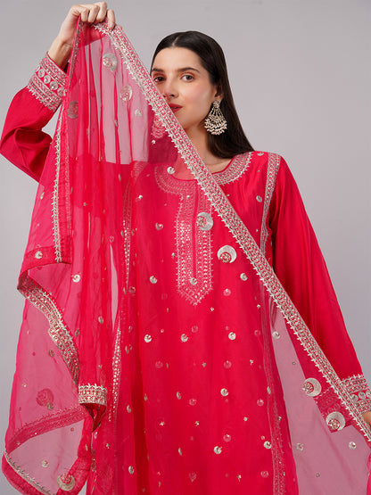 dhartii Elite Festive Red  Embroidered Suit Set with Organza Dupatta and Pants (3 Piece Set)