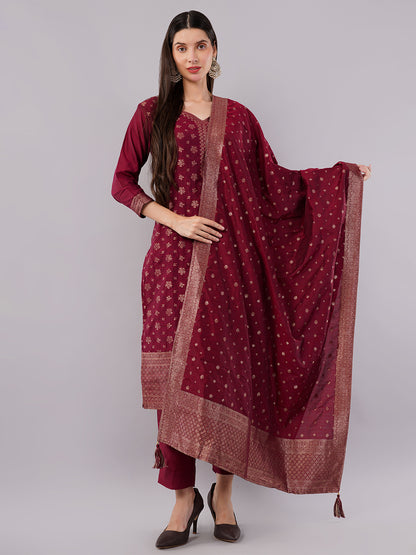 dhartii New Age Lavish Maroon Royal Brocade Suit Set with Dupatta and Pants (3 Piece Set)