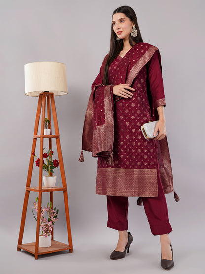dhartii New Age Lavish Maroon Royal Brocade Suit Set with Dupatta and Pants (3 Piece Set)