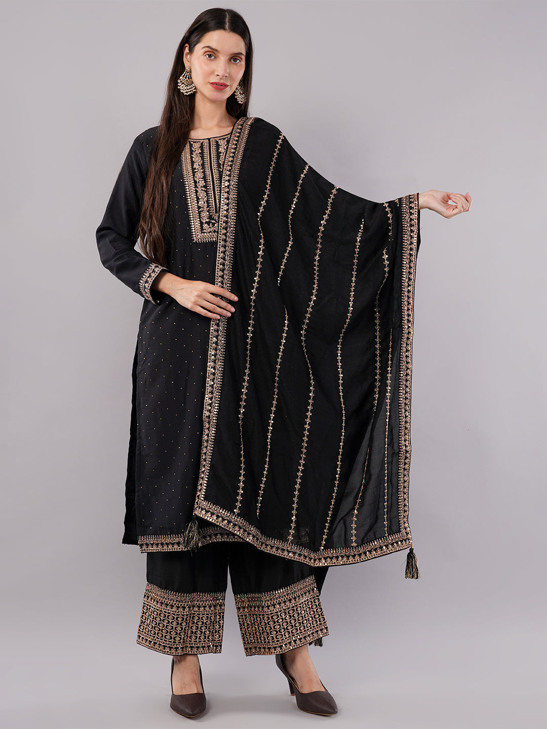 dhartii Festive Stunning Black Embroidered Suit Set with Pallazzo and Dupatta (3 Piece Set)