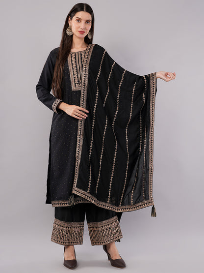 dhartii Festive Stunning Black Embroidered Suit Set with Pallazzo and Dupatta (3 Piece Set)