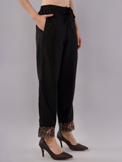 dhartii Fashionable Black Trending Thread-Embroidered Suit Set with Floral Printed Dupatta and Pants (3 Piece Set)