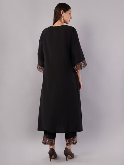 dhartii Fashionable Black Trending Thread-Embroidered Suit Set with Floral Printed Dupatta and Pants (3 Piece Set)