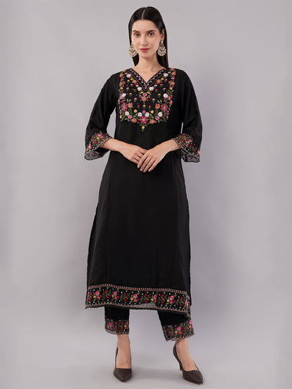 dhartii Fashionable Black Trending Thread-Embroidered Suit Set with Floral Printed Dupatta and Pants (3 Piece Set)
