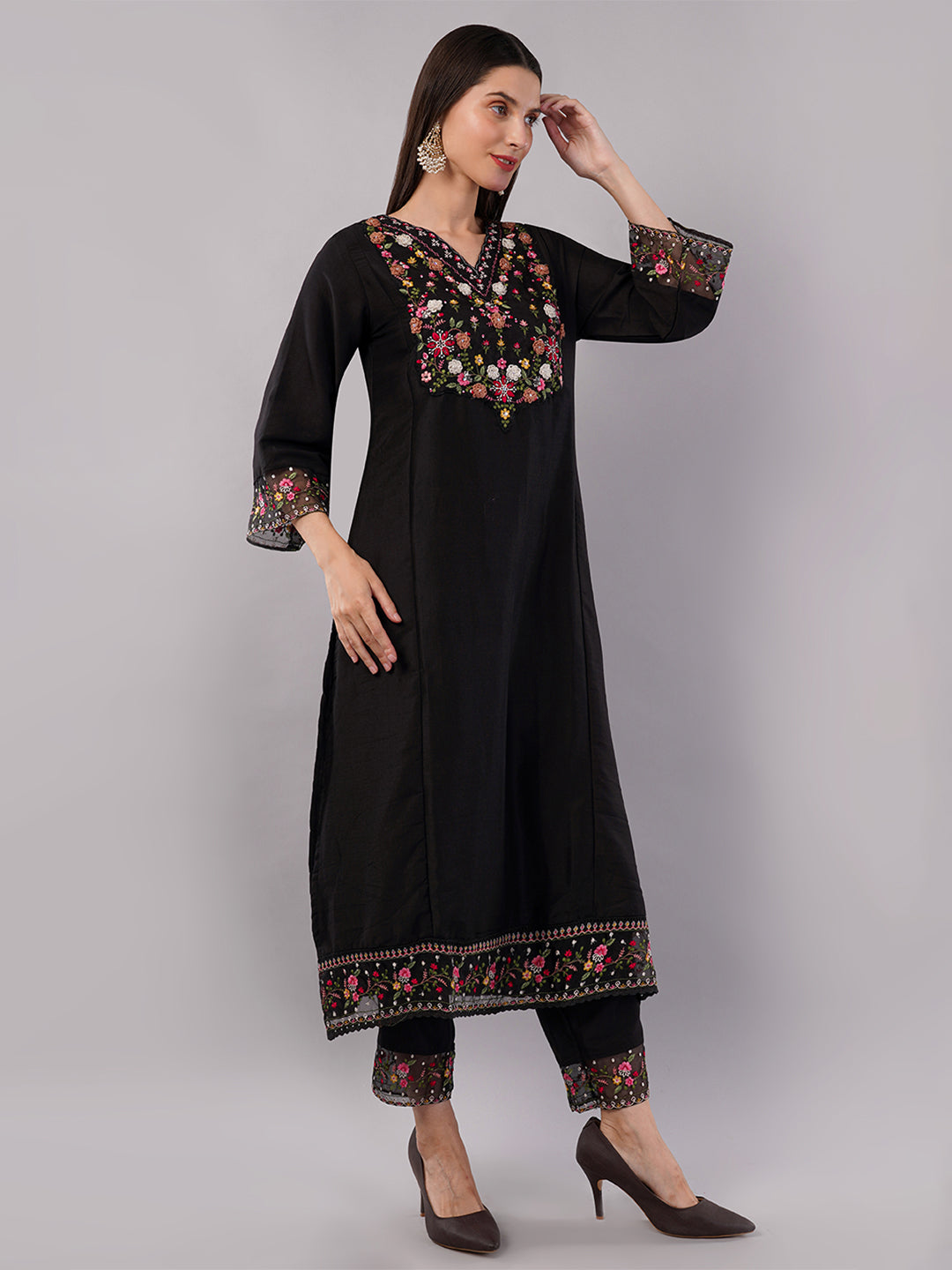 dhartii Fashionable Black Trending Thread-Embroidered Suit Set with Floral Printed Dupatta and Pants (3 Piece Set)