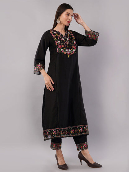dhartii Fashionable Black Trending Thread-Embroidered Suit Set with Floral Printed Dupatta and Pants (3 Piece Set)