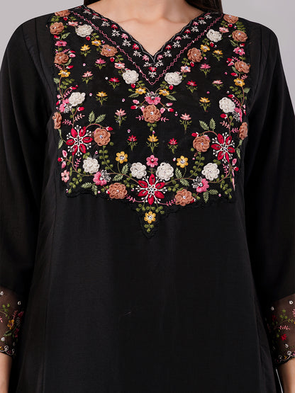 dhartii Fashionable Black Trending Thread-Embroidered Suit Set with Floral Printed Dupatta and Pants (3 Piece Set)