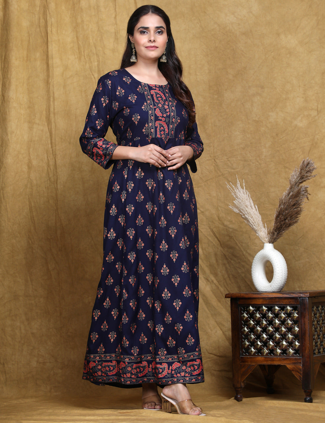Navy Blue Printed Flared Rayon Dress