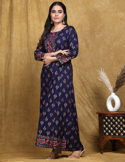 Navy Blue Printed Flared Rayon Dress