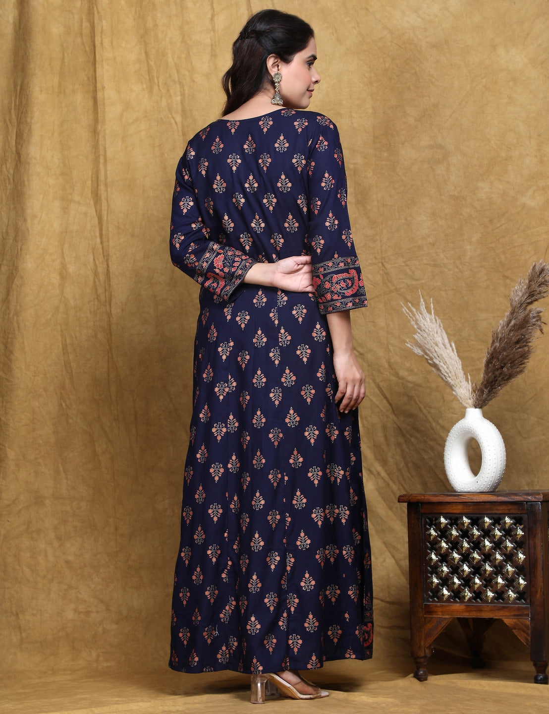 Navy Blue Printed Flared Rayon Dress
