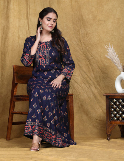 Navy Blue Printed Flared Rayon Dress