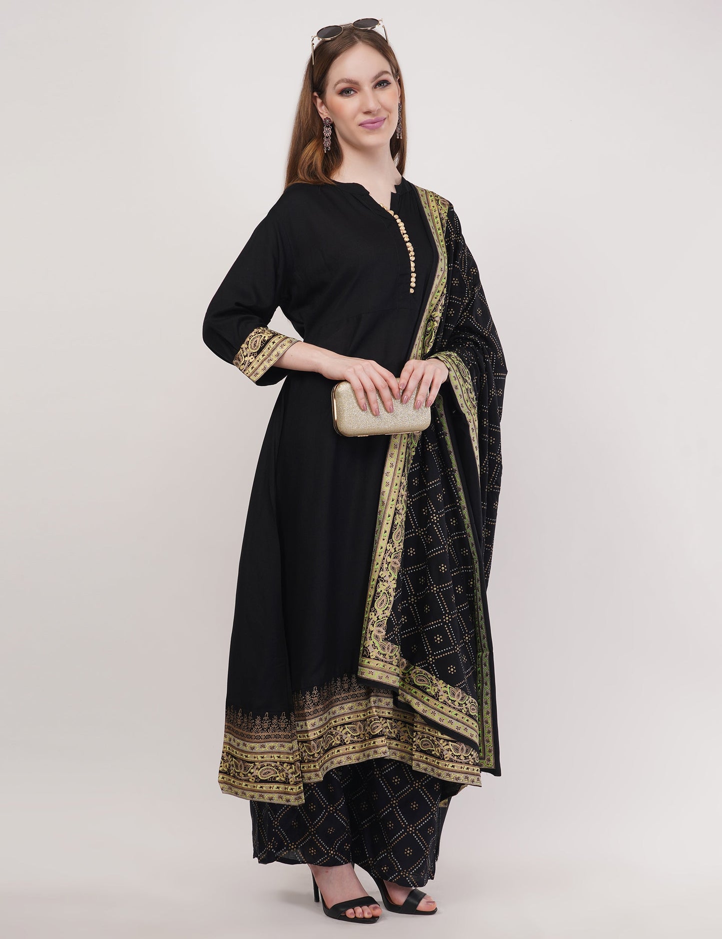 Black Anarkali Block Printed, Contrast Button Details - Set Of 3