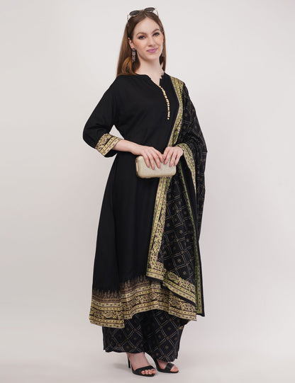 Black Anarkali Block Printed, Contrast Button Details - Set Of 3