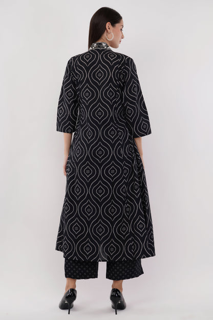 Black Pure Cotton Printed Cotton Anarkali Set - Set Of 3