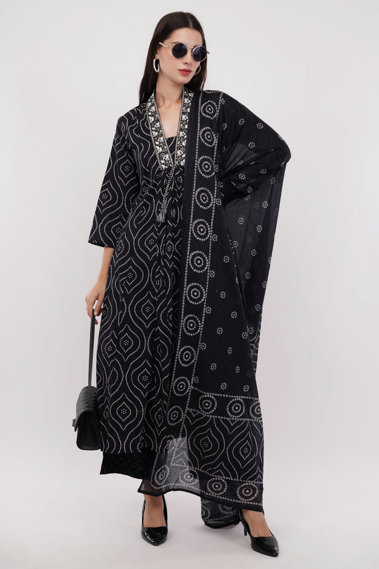 Black Pure Cotton Printed Cotton Anarkali Set - Set Of 3