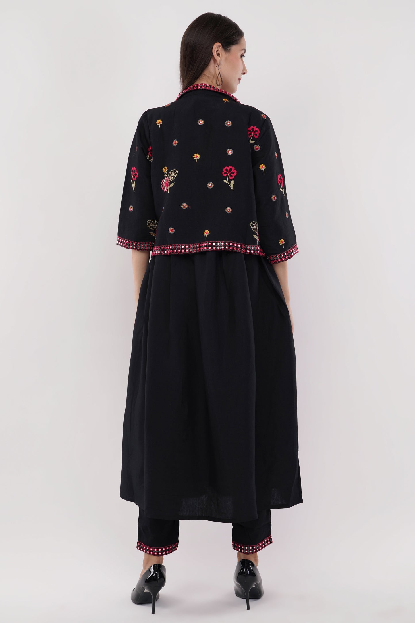 Black Viscose Silk Anarkali Set With Jacket - Set Of 3