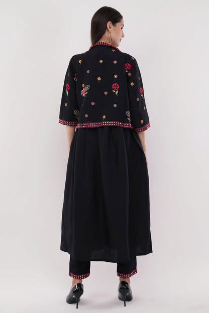 Black Viscose Silk Anarkali Set With Jacket - Set Of 3