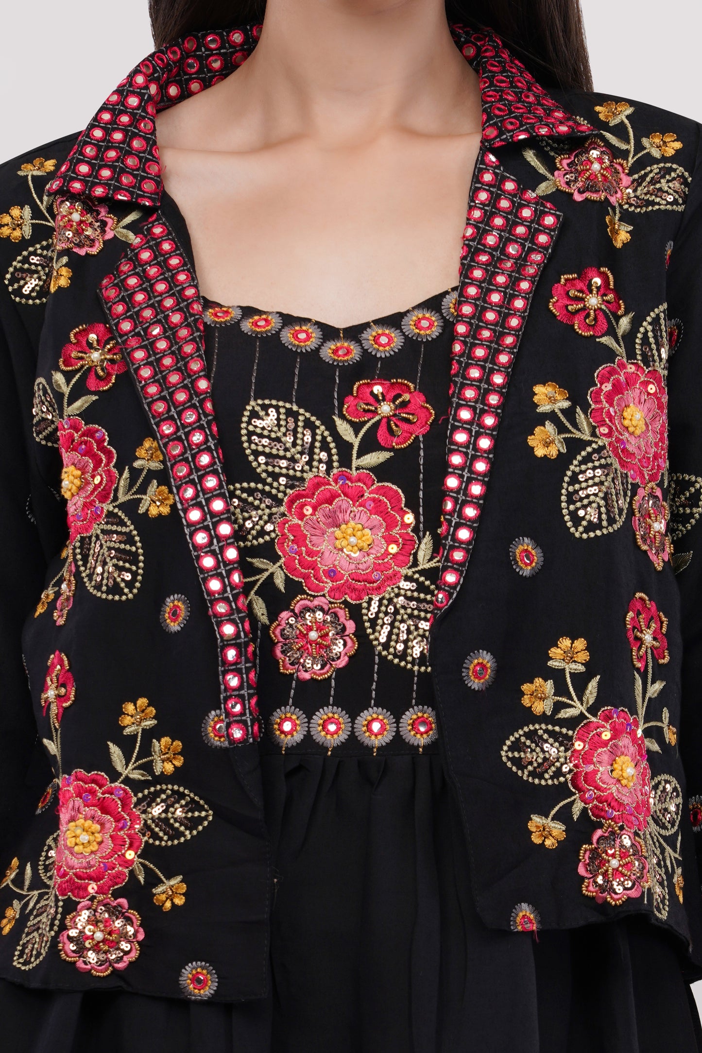 Black Viscose Silk Anarkali Set With Jacket - Set Of 3