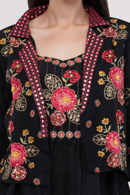 Black Viscose Silk Anarkali Set With Jacket - Set Of 3