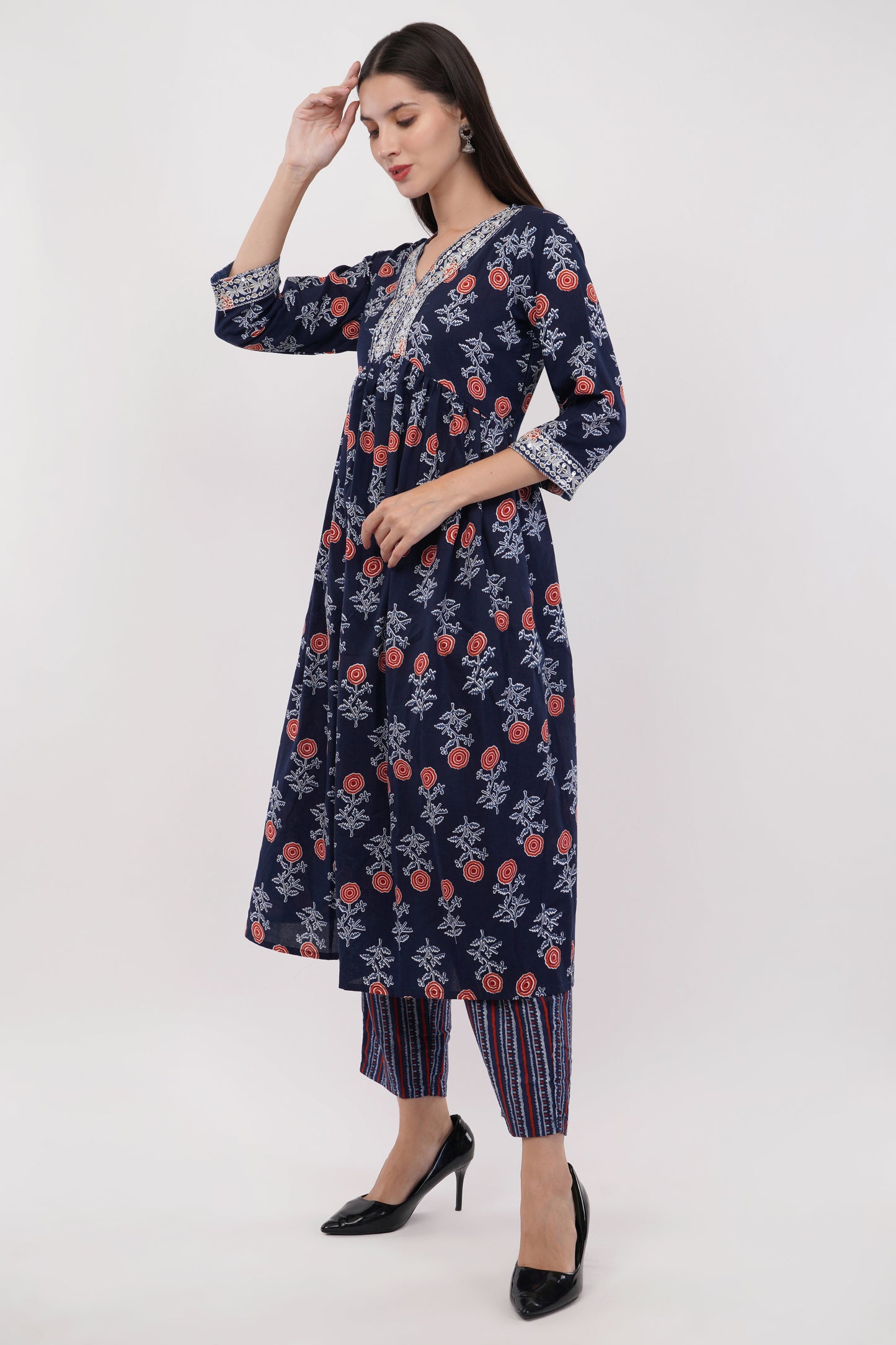 Rayon Printed Anarkali Set With Neck Detail - Set Of 3