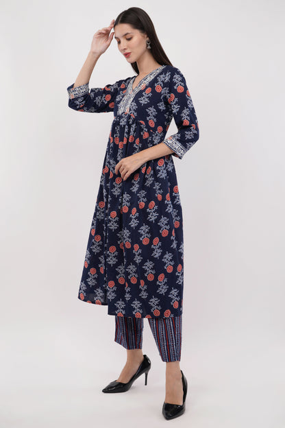 Rayon Printed Anarkali Set With Neck Detail - Set Of 3