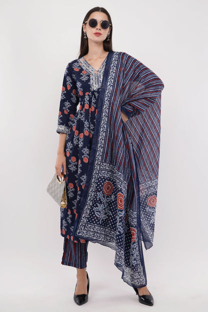 Rayon Printed Anarkali Set With Neck Detail - Set Of 3