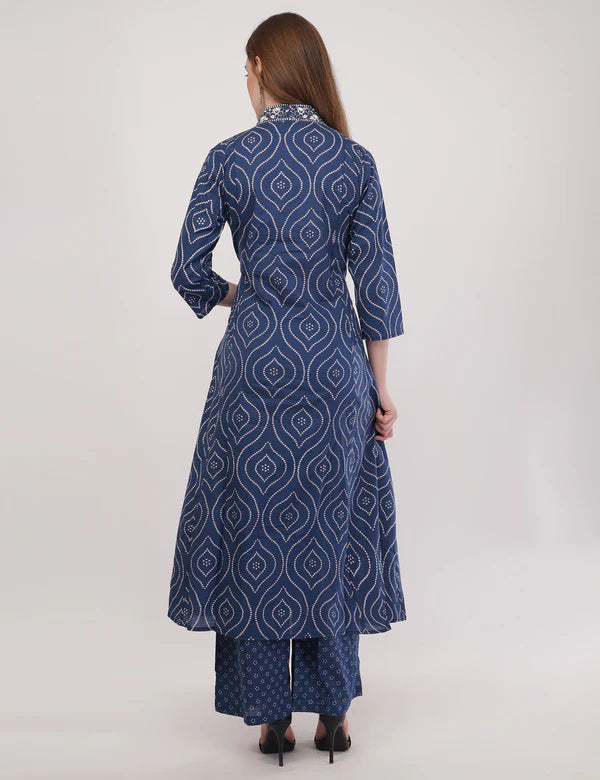 Blue Pure Cotton Printed Cotton Anarkali Set - Set Of 3