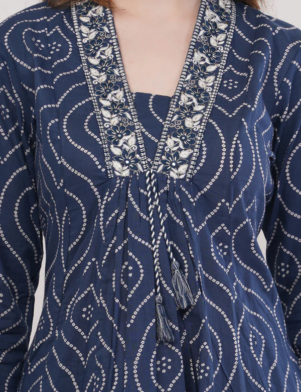 Blue Pure Cotton Printed Cotton Anarkali Set - Set Of 3