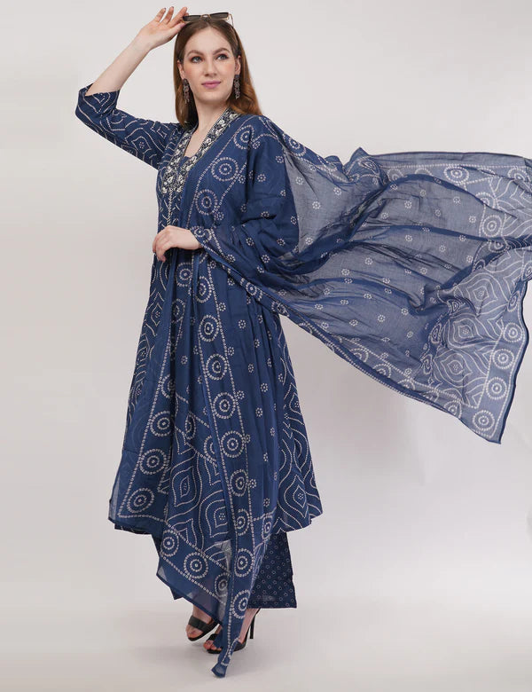 Blue Pure Cotton Printed Cotton Anarkali Set - Set Of 3
