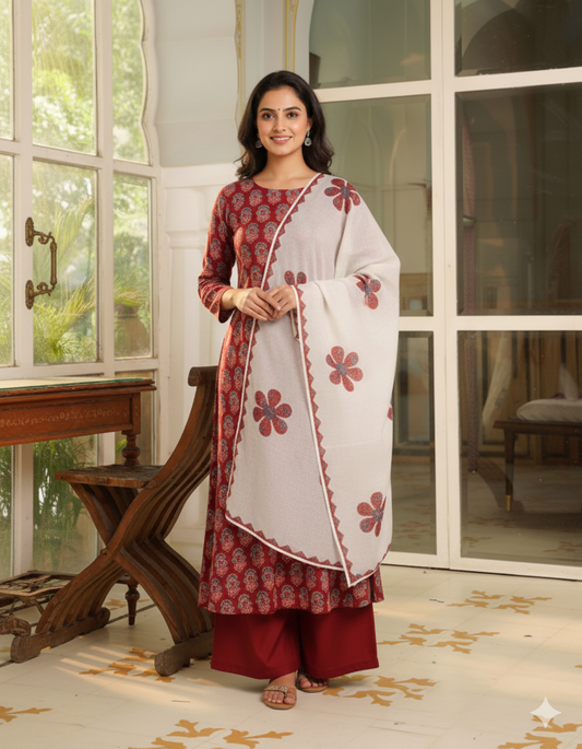 Maroon Rayon Blend Floral Printed A-Line Kurta Palazzos With Dupatta