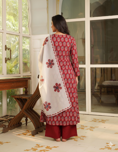Maroon Rayon Blend Floral Printed A-Line Kurta Palazzos With Dupatta