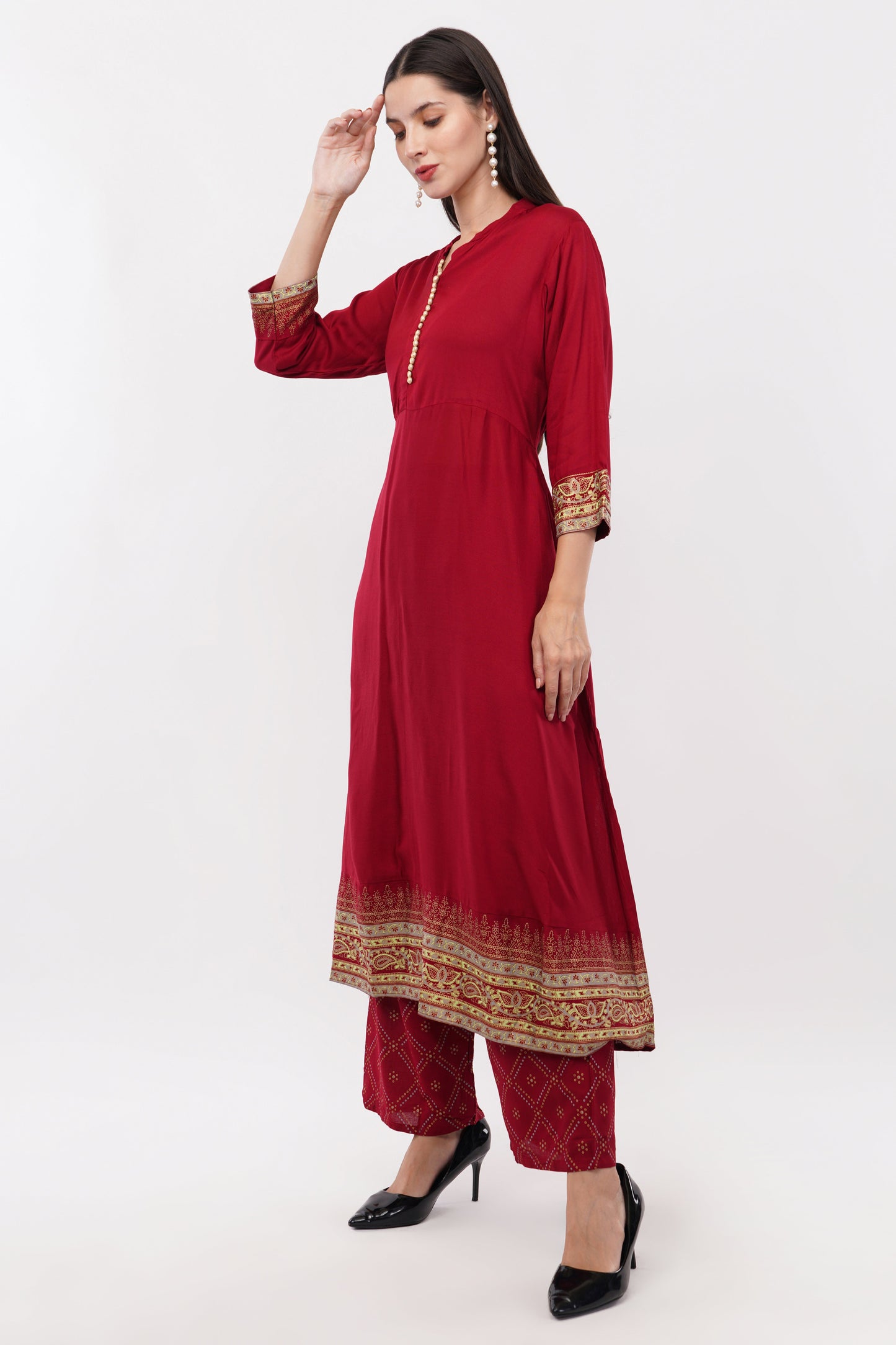 Maroon Anarkali Block Printed, Contrast Button Details - Set Of 3